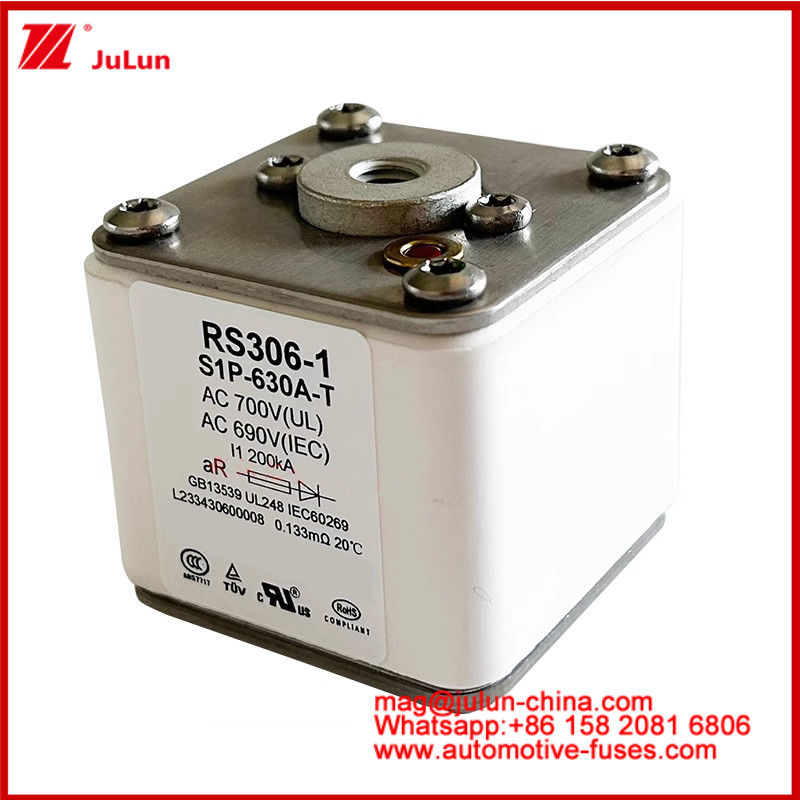 RS306-1 S1P-630A-T AC700 ((UL) Ar AC690V ((IEC) 200KV スクエアキャレミック・フューズ EVまたはHEV電気自動車の牽引